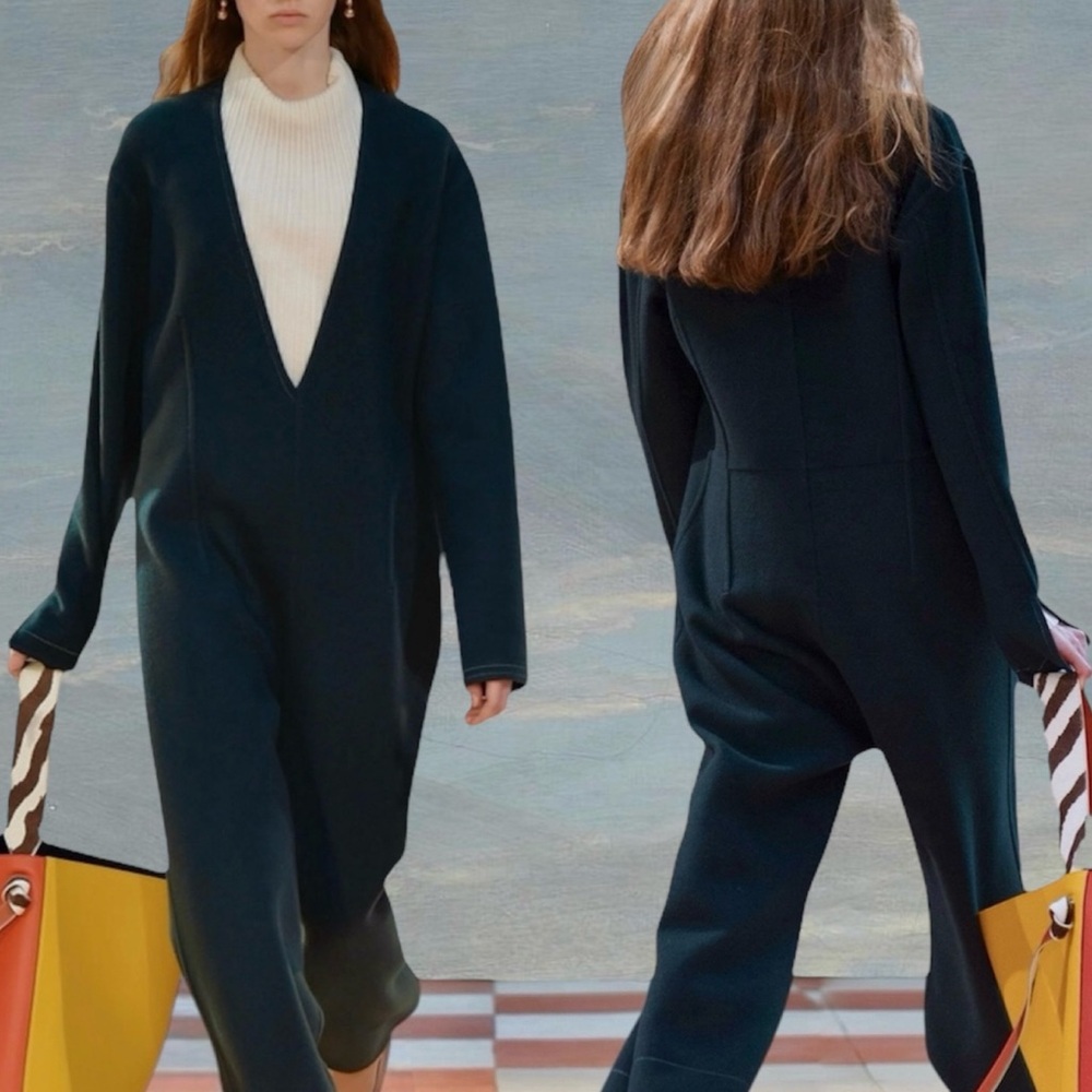 CÉLINE DARK GREEN 100% CASHMERE V-NECK JUMPSUIT SIZE 38 BY PHOEBE PHILO